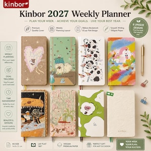 May include: Eight Kinbor 2027 weekly planners in A5 size, featuring diverse cover illustrations including hearts, animals, and abstract patterns. Each planner includes a ribbon bookmark, 100gsm paper, and a lay-flat design for organized goal tracking.