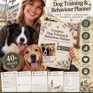 Carnet de suivi de l'entraînement canin, modèle Canva de plus de 40 pages | Journal de comportement du chiot