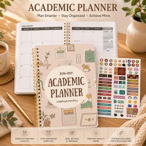 May include: A 2026-2027 academic planner with a spiral binding, featuring a beige cover with illustrated icons and the text "ACADEMIC PLANNER Weekly & Monthly". The set includes an open monthly calendar view and a sheet of colorful adhesive stickers.