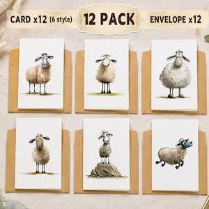 Cartes de vœux Mouton, paquet de 12 cartes vierges aquarelle avec enveloppes