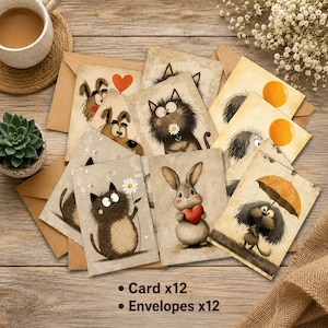Set van 12 wenskaarten met dierenmotief in aquarel met kraftpapieren enveloppen.