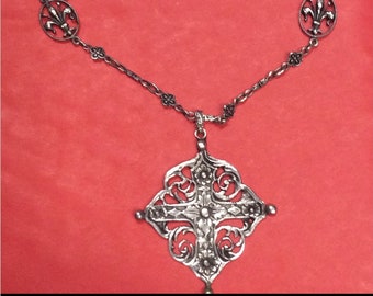 Stunning Antique Handmade 800 Silver Fleur de Lis Necklace with Ornate Stylized Cross