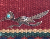 Old Native American Hand Made Coin Silver or Better Roadrunner Pin