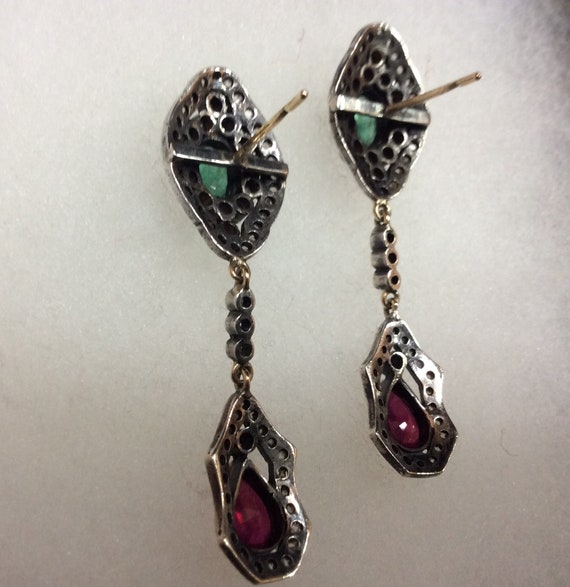 Antique Emerald, Ruby & Diamond Hanging Earrings - image 10