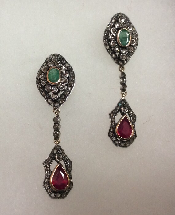 Antique Emerald, Ruby & Diamond Hanging Earrings - image 2