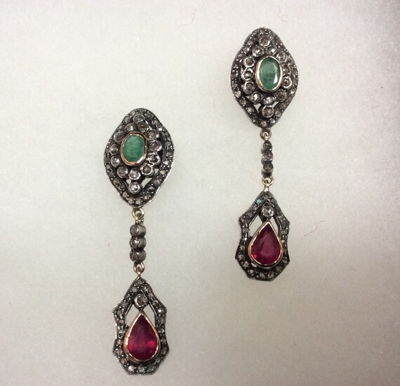 Antique Emerald, Ruby & Diamond Hanging Earrings - image 1