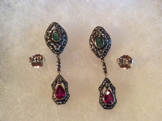 Antique Emerald, Ruby & Diamond Hanging Earrings - image 7