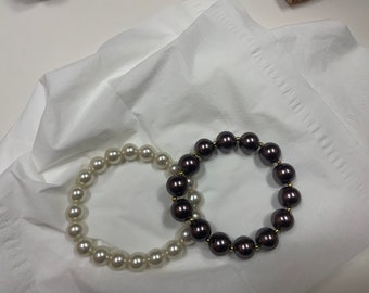 Sale - Two Stretchy Faux Pearl Bracelets  ( 1 White & 1 Bronze )