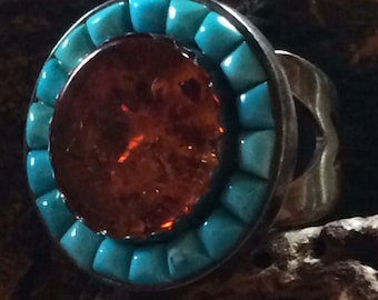 Large Vintage Sterling Silver Turquoise & Amber Ring  - Size 7 1/2