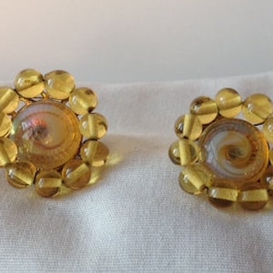 Sale - Vintage Signed Mid Century Swirled Glass Yellow Earrings