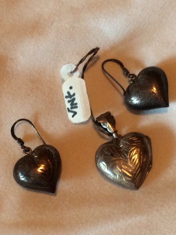 Vintage Etched Sterling Silver Heart Pendant & Ma… - image 3