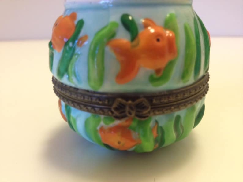 Vintage Ceramic Sea Life Themed Box with Enclosed Tiny Gold Fish image 1