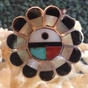 Vintage Zuni-ring met zonnegezicht – sterlingzilveren inzetstuk, maat 6,75