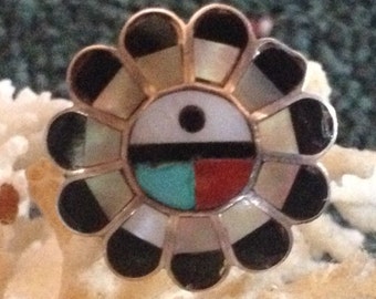 Sale -Vintage Handmade Zuni Sterling & Channel Inlay Sun Face Ring