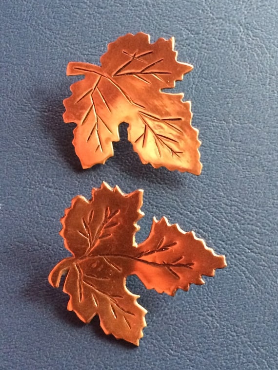 Sale - Two Handmade Vintage Copper Leaf Brooch Pin