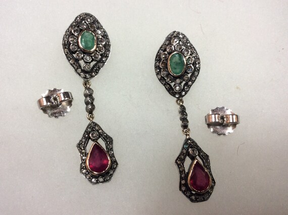 Antique Emerald, Ruby & Diamond Hanging Earrings - image 8