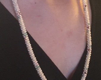 30" Long White Beaded Necklace with Pastel Colored Accent Beads