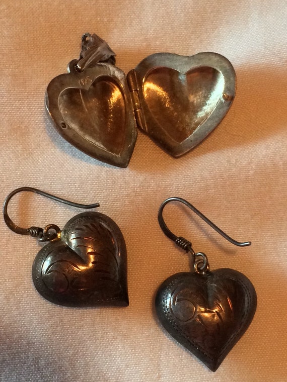 Vintage Etched Sterling Silver Heart Pendant & Ma… - image 2