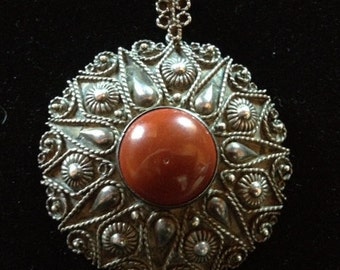 Sale - Substantial 2" Diameter Hand Made in Greece Silver Vintage Pendant with Orange Stone Signed by Artist