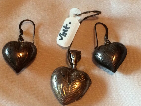 Vintage Etched Sterling Silver Heart Pendant & Ma… - image 4