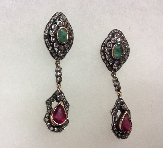 Antique Emerald, Ruby & Diamond Hanging Earrings - image 6