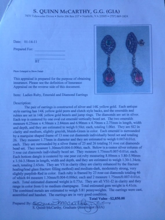 Antique Emerald, Ruby & Diamond Hanging Earrings - image 3