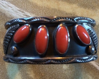 Exceptional Handmade Native American Sterling Silver & Coral Cuff Bracelet