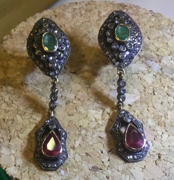 Antique Emerald, Ruby & Diamond Hanging Earrings - image 4