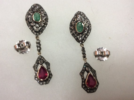 Antique Emerald, Ruby & Diamond Hanging Earrings - image 9