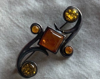 Vintage Amber and Sterling Silver Brooch & Pin