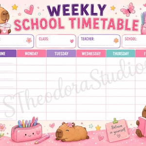 May include: A weekly school timetable planner featuring a capybara theme with pink accents. The header reads WEEKLY SCHOOL TIMETABLE with fields for name, class, teacher, and school. It includes a grid for time and days, decorated with flowers, a pink backpack, a pencil case, and capybaras.