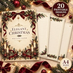 May include: A set of printable writing paper sheets featuring an Elegant Christmas design with cream-colored backgrounds, dark red ribbons, green pine branches, and lit candles. The text reads Elegant Christmas Writing Paper, 20 Printable Designs, A4 Size.