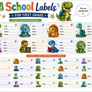 Puede incluir: Un conjunto de etiquetas escolares con dinosaurios de dibujos animados coloridos. La hoja incluye 8 etiquetas grandes para cuadernos y 20 pequeñas para lápices y suministros, con campos para nombre, clase, materia y escuela. El encabezado dice My School Labels FOR FIRST GRADE y una burbuja indica You can edit the text!