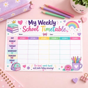 May include: A white weekly school timetable planner sheet featuring the text My Weekly School Timetable and Be kind, work hard and make today amazing!. The grid includes columns for six lessons and rows for Monday through Friday, decorated with colorful illustrations of a rainbow, books, a backpack, a pencil cup, and hearts.