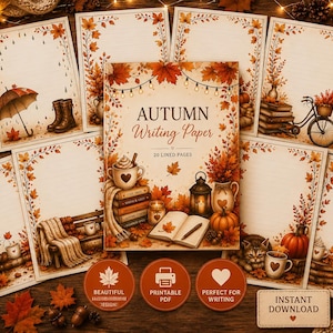 May include: A collection of lined writing paper sheets featuring autumn-themed illustrations of maple leaves, pumpkins, lanterns, books, and cozy accessories. The central sheet displays the text AUTUMN Writing Paper 20 LINED PAGES.