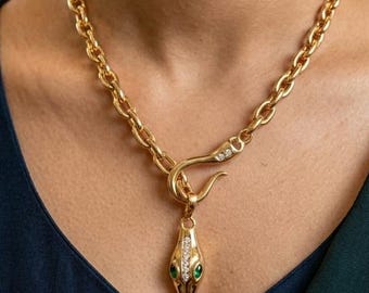 Halskette mit Schlangenanhänger aus 22-karätigem Massivgold, Kette mit Smaragdverzierung, Statement-Schmuck