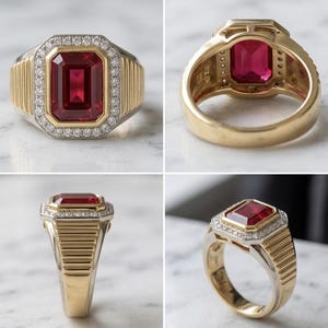K&ouml;nnte beinhalten: Ein zweifarbiger Ring mit einem gro&szlig;en, smaragdgeschliffenen roten Edelstein in einer Gelbgoldfassung, umgeben von einem Kranz aus kleinen wei&szlig;en Diamanten. Die Ringschiene ist aus Gelbgold mit gerippten Seiten und glatter Innenseite.