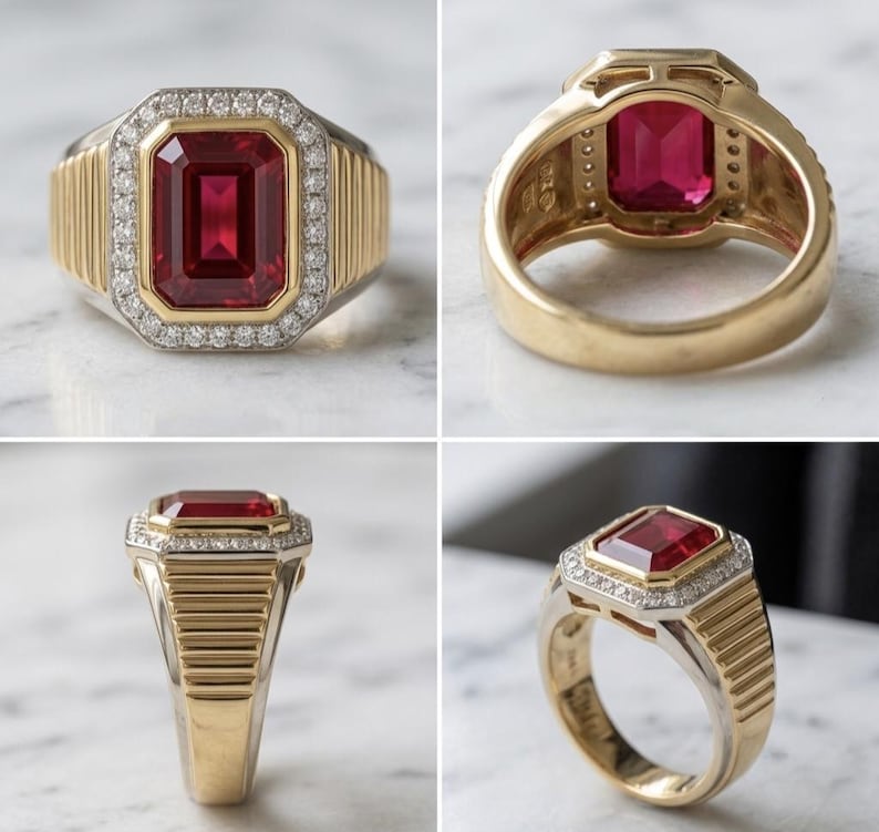 K&ouml;nnte beinhalten: Ein zweifarbiger Ring mit einem gro&szlig;en, smaragdgeschliffenen roten Edelstein in einer Gelbgoldfassung, umgeben von einem Kranz aus kleinen wei&szlig;en Diamanten. Die Ringschiene ist aus Gelbgold mit gerippten Seiten und glatter Innenseite.