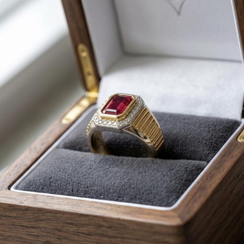 K&ouml;nnte beinhalten: Ein Ring aus Gold und Silber mit einem rechteckigen roten Edelstein in einer Gelbgoldfassung, umgeben von einem Kranz aus kleinen wei&szlig;en Diamanten. Die Ringschiene hat eine gerippte Textur und liegt in einer h&ouml;lzernen Schmuckschatulle.