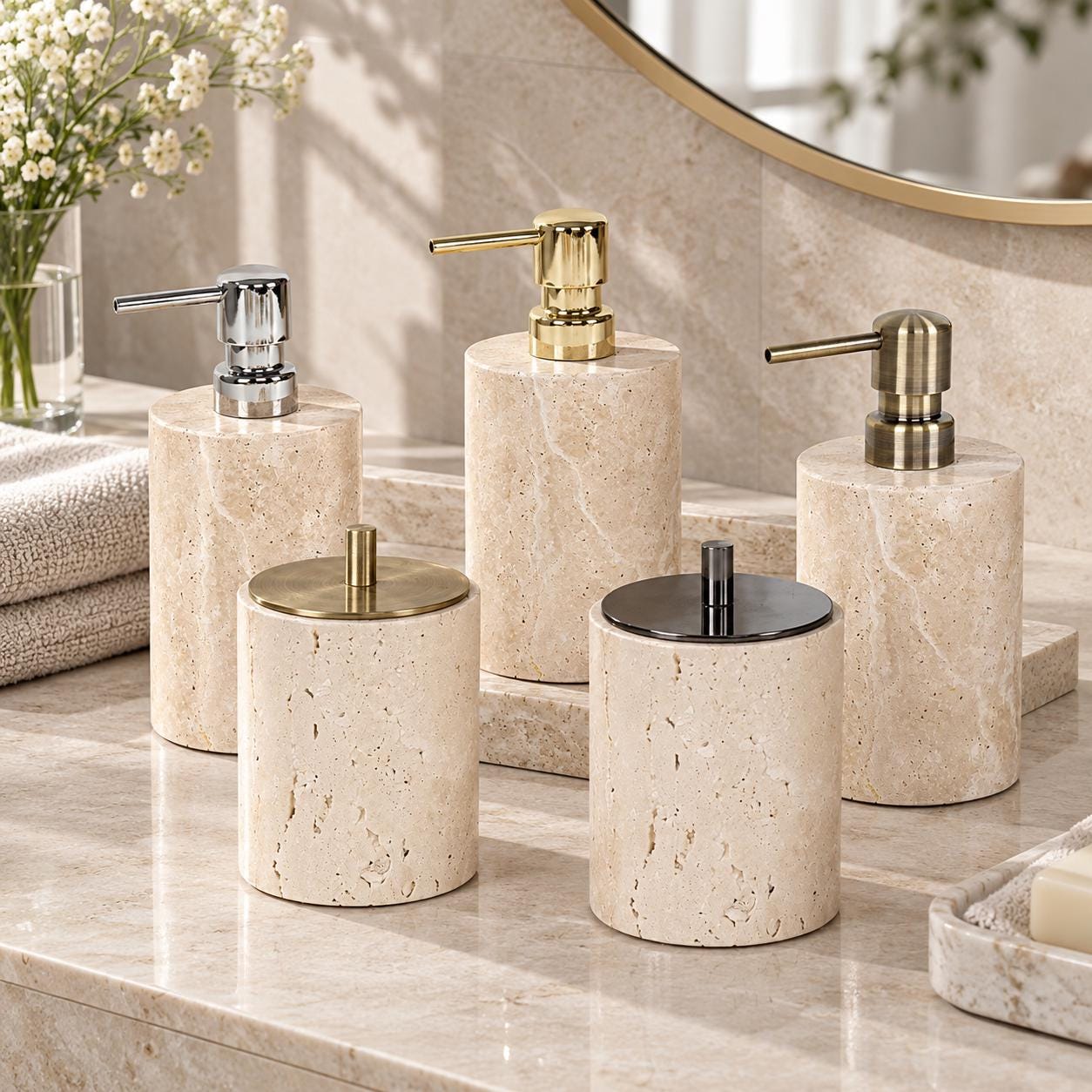 White and gold soap dispenser set