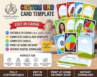 UNO-kaartspel Canva-sjabloon met gepersonaliseerde foto, speelkaarten en doos, bewerkbare UNO-kaarten, aangepast UNO-kaart Canva-sjabloon, gepersonaliseerd