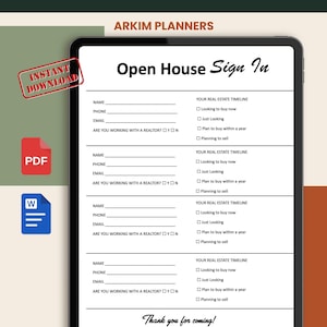 Puede incluir: Una tableta digital muestra una hoja de registro para una jornada de puertas abiertas con campos para nombre, teléfono, correo electrónico, estado de agente y cronograma. El documento incluye el texto Arkim Planners y Thank you for coming.