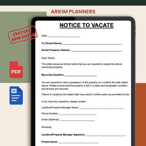 May include: A digital Notice to Vacate form displayed on a tablet screen, featuring fields for tenant name, property address, move-out deadline, and landlord contact information. The document includes the text Arkim Planners and Instant Download.