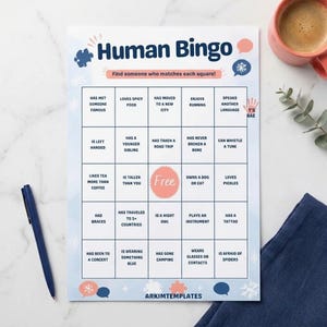 May include: A Human Bingo game sheet with a grid of twenty-five squares containing various prompts like Has Met Someone Famous and Loves Spicy Food. The title Human Bingo is at the top, with a central Free square and the text Arkimtemplates at the bottom.