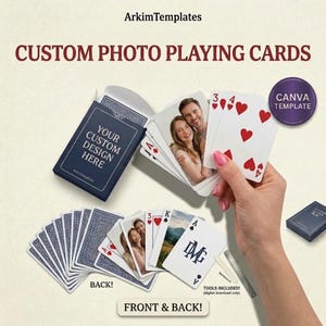 Peut inclure: Un jeu de cartes à jouer photo personnalisées avec une boîte bleu foncé portant le texte YOUR CUSTOM DESIGN HERE, un éventail de cartes avec la photo d'un couple, un quatre de cœur et une carte avec un monogramme. Inclut un modèle Canva et des outils.