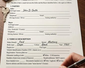 Modello di atto di vendita, atto di vendita di veicolo stampabile, modulo "visto e piaciuto" per auto, camion e moto, formato Word e PDF modificabili, download immediato.