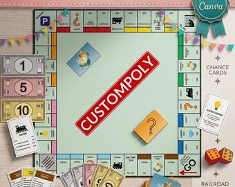Modèle de Monopoly modifiable | Kit de jeu de société personnalisé à faire soi-même | Cadeau imprimable pour soirée jeux | Monopoly personnalisé | Modèle Canva Custompoly
