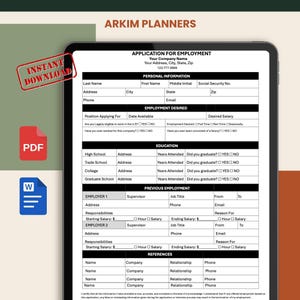 Puede incluir: Un formulario de solicitud de empleo digital titulado ARKIM PLANNERS que incluye secciones para información personal, empleo deseado, educación, historial laboral y referencias, con casillas de verificación y campos.