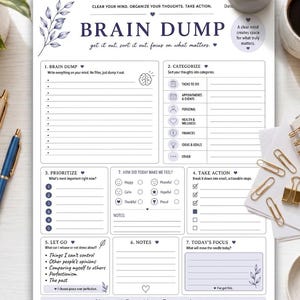 May include: A white paper planner sheet titled Brain Dump with dark blue text and botanical illustrations. It features sections for brain dumping, categorizing tasks, prioritizing, tracking feelings, taking action, notes, and daily focus goals.
