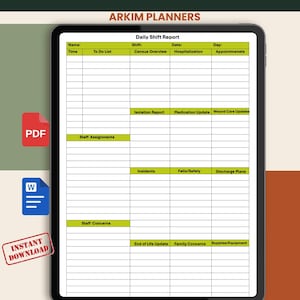 Puede incluir: Una plantilla digital de planificador Daily Shift Report mostrada en una pantalla de tableta. El formulario presenta encabezados de color verde lima con texto que incluye Name, Shift, Date, Day, Time, To Do List, Census Overview, Hospitalization, Appointments y varias categorías de seguimiento médico.